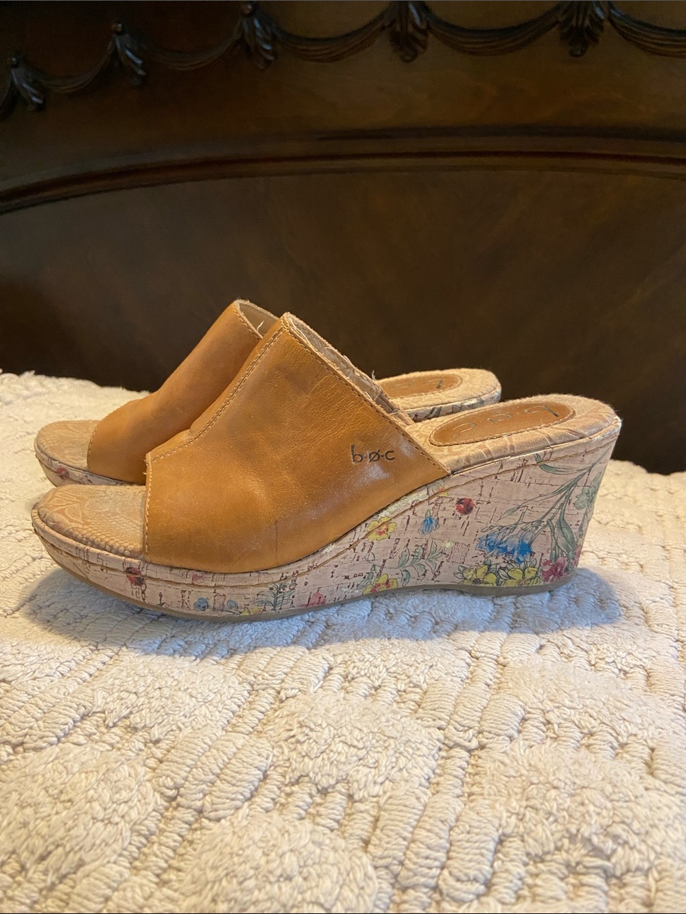 b.o.c. Tan Leather Floral Cork Wedge Slide Sandals